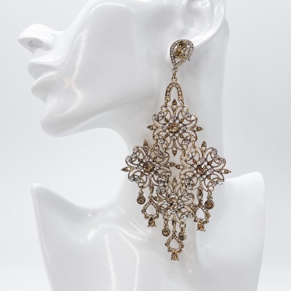 Trendy Oversized Chandelier Statement Earrings Rhinestone Gold